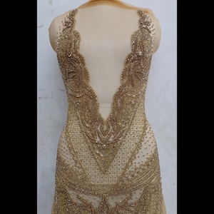 Super Sparkle Gold Rhinestones Hand sewn on Short dress Panel/Bodice Front :- Bridal/Prom/Party Applic Set 2024509 Gold