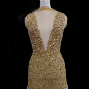 Super Spar Gold Rhinestone, Gold Beads Hand sewn on Short dress Bodice Front Applique :- Bridal/Prom/Party Applique 2024505 Gold