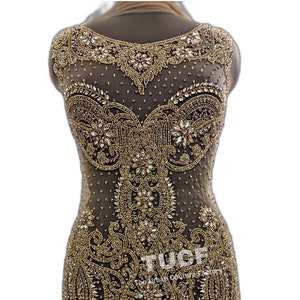 Sparkling Gold Rhinestone beaded on Bodice Front Applique: Bridal dress, Party dress, Prom dress, Dance dress | 100404 Gold