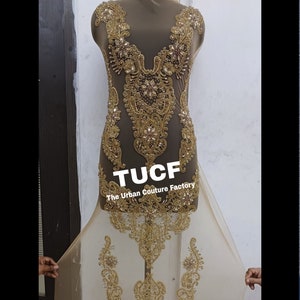 Sparkle Gold Rhinestones beaded on this Bodice Front Full Length Applique: Bridal dress, prom dress, special occasions applique # 2023208