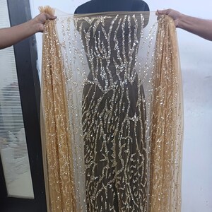 Gold hand  Beaded Mesh Fabric with Rhinestones & Sequins | Luxury Prom Dress fabric, Evening Gown Fabric, Couture sewing Material
