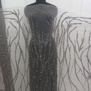 Hand Beaded Haute Couture Fabric: Silver Rhinestones & Beads on Grey Tulle