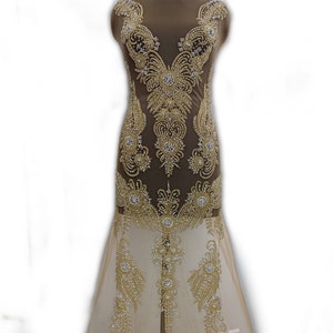 Luxurious Handcrafted Silver Rhinestone and Gold Beads on Bodice front Full Length Applique: Bridal/Prom/All Event Applique set,#100902