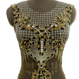 Sparkle Gold, Black Crystals Rhinestone Bodice Front Applique: Bridal dress, Promdress, Handmade Applique #100507Gold&Black