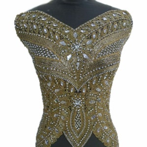 Super Sparkle Bodice Applique Handsewn with Gold,Silver Rhinestone(Bodice with front, back, sleeve full set)All Occasion Applic 100525Gold