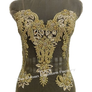 Luxury Gold Rhinestone Bridal Bodice Applique, Gold Crystal Promdress Applique. Handmade Gold Rhinestones Crystals Applique#100504 Gold