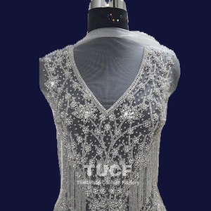 Super Sparkling Silver Clear Rhinestone Fringes Bodice Front Applique: Prom dress, Bridal dress, Dance dress , #100253