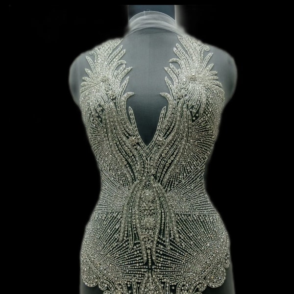 Luxueux corsage perlé argenté transparent avec strass appliqué sur le devant : robe de mariée, robe de soirée, robe de bal, robe de danse 2023206