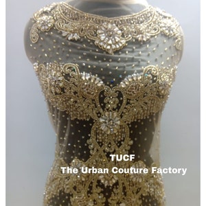 Apliques de diamantes de imitación dorados súper brillantes en la parte delantera del corpiño: vestido de novia, vestido de fiesta, vestido de graduación, vestido de baile 2023215
