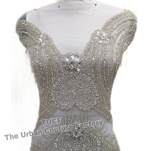 Super Sparkle Silver Rhinestone, Crystal Applique, Bridal Bodice Applique, Party dress Applique, Prom dress Applique 100401 Silver and Clear