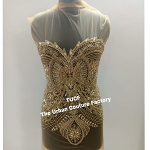 Super Sparkle Gold Rhinestone beaded on Bodice Front Applique: Bridal dress, Party dress, Prom dress, Dance dress 2023216