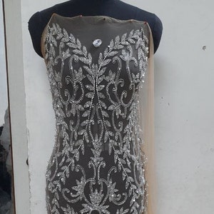 Silver Sparkling Hand Beaded Haute couture Panel Fabric with Rhinestones,Beads,Sequins for a Bridal dress,Prom dress,Party dress,100605