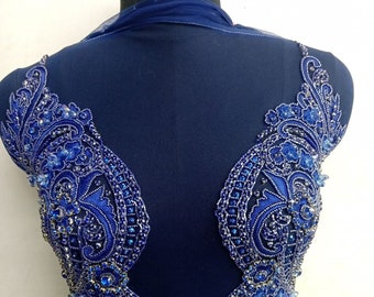 Royal Blue Rhinestone Bodice Applique: Beaded Bridal Dress Embellishment
