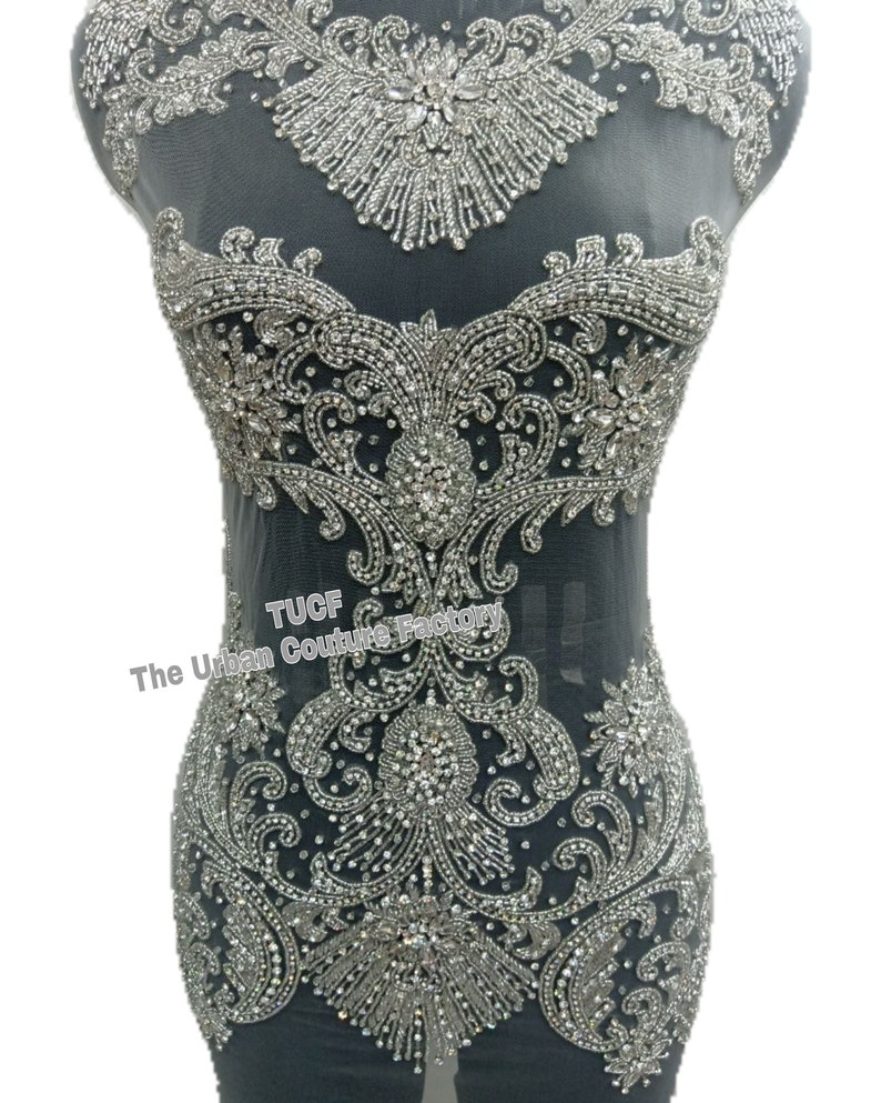 Elegant Super Sparkling Silver Clear Rhinestone beaded on Bodice Front Applique: Bridal dress Partydress Promdress Dance dress #100802