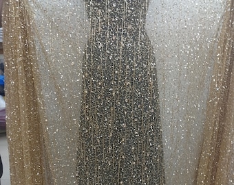 Gold Rhinestone Beaded  fringes Tulle Fabric: Haute Couture Bridal Dress Material