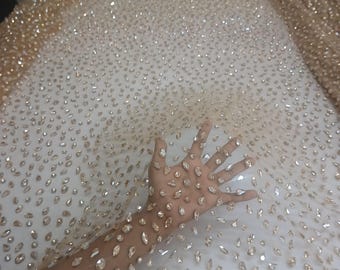 Gold Rhinestone Beaded Tulle Fabric: Haute Couture Bridal Dress Material