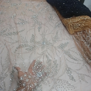 Luxury silver Rhinestone beaded lace Fabric ! Luxury Gold, Black, White, Red rhinestone beaded lace for Prom Dress ! 5 colour variations !