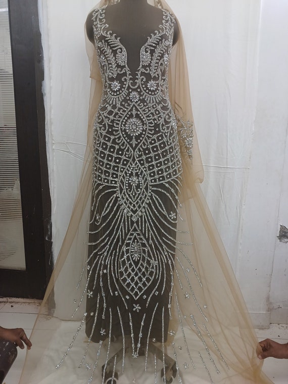silver overlay dress Luxury Silver Beaded High-Neck Mermaid Evening Gown with Sheer Overlay SS380