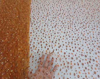 Orange Rhinestone Beaded Tulle Fabric: Haute Couture Bridal Dress Material