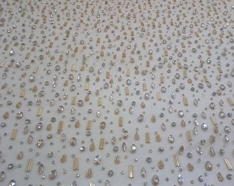 Gold Rhinestone Beaded Tulle Fabric: Haute Couture Bridal Dress Material