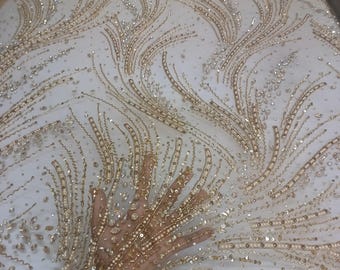 Gold Rhinestone Beaded Tulle Fabric: Haute Couture Bridal Dress Material