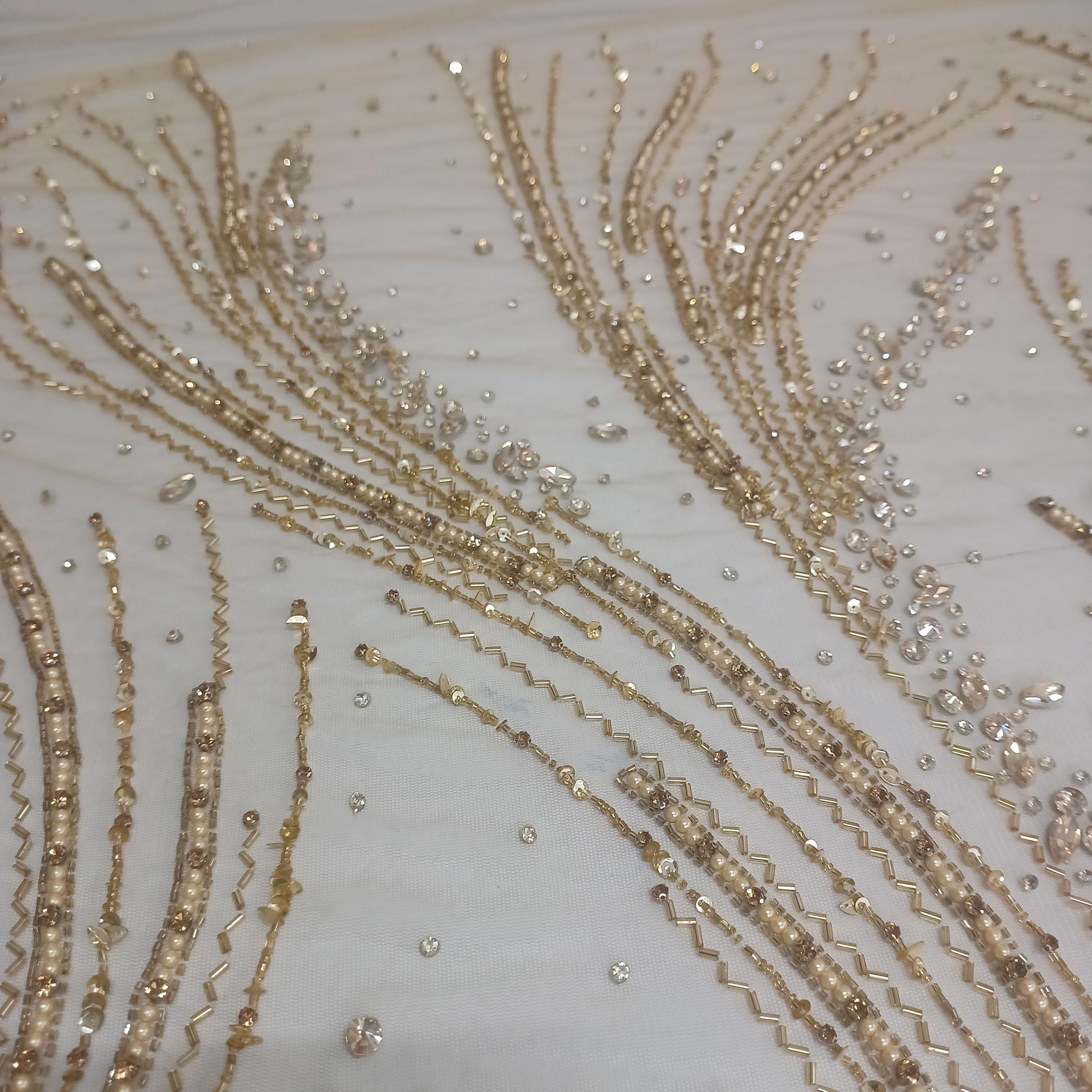Gold Rhinestone Beaded Tulle Fabric: Haute Couture Bridal Dress ...
