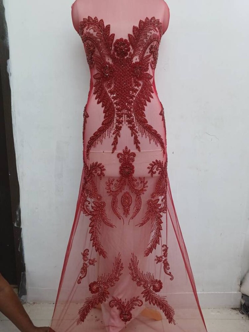 Super Sparkle Handmade Design beaded with Red Rhinestone on Full Length Bodice Front Applic: Bridal Applic, Prom Applic |  #100101 Red