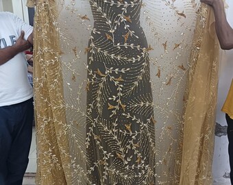 Gold Rhinestone Beaded Tulle Fabric: Haute Couture Bridal Dress