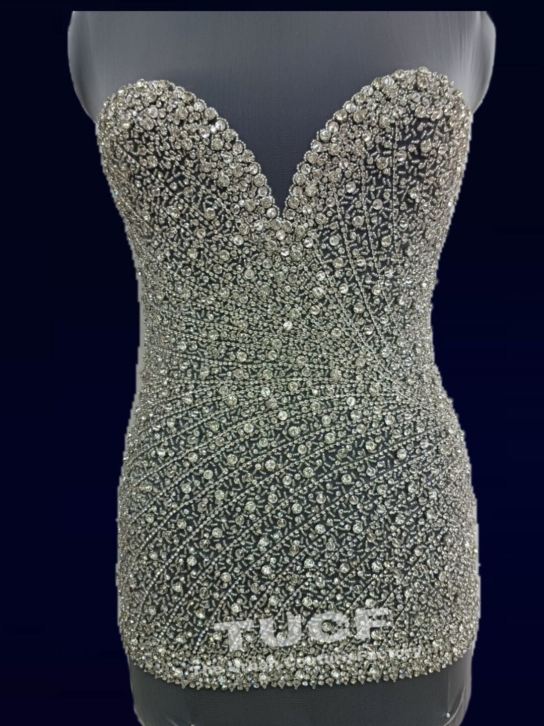 Crystal Trim Structured Bodice Lace-Up Back Dress Silver