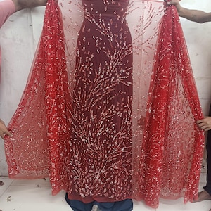 Red Sparkling Hand Beaded Haute couture Fabric with Rhinestones,Beads,Sequins for a Bridal dress,Prom dress,Party dress | Fb 100608