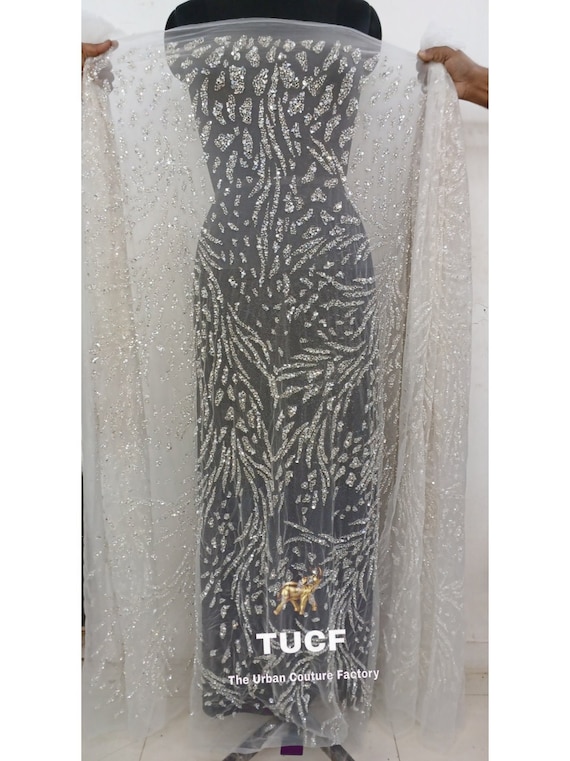 Silver Beaded Haute Couture Fabric: Rhinestones & Sequins on White Tulle