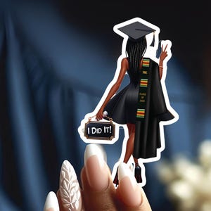 Graduation Sticker 2026: Graduation Girl Braids Kente Fabric Stole Kiss-Cut Vinyl Decal | Perfect for Graduation Hat, Laptop, Tumbler & More