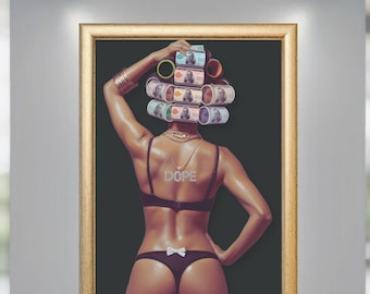 Money Hair Rollers Art Fashion Print: Dope Girl, Hundred thousand Dollar Bill Curlers, Wealth & Beauty Digital Download