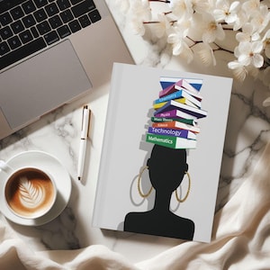 Mind Full of Books Journal - Scholar Silhouette Art, Book Stack & Hoop Earrings, Gift for Women in Science, Tech, Music Theory