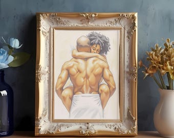 May include: A framed art print featuring a couple embracing. The artwork depicts a man carrying a woman, both with their backs to the viewer. The frame is ornate with gold and white accents. The background is a soft, neutral color.