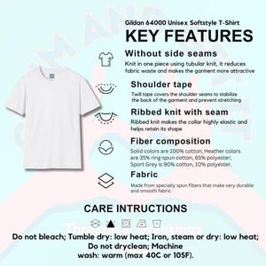 May include: A white Gildan 64000 Softstyle t-shirt displayed next to a list of key features including tubular knit, shoulder tape, ribbed collar, and fiber composition. Care instructions are listed at the bottom with icons and text.