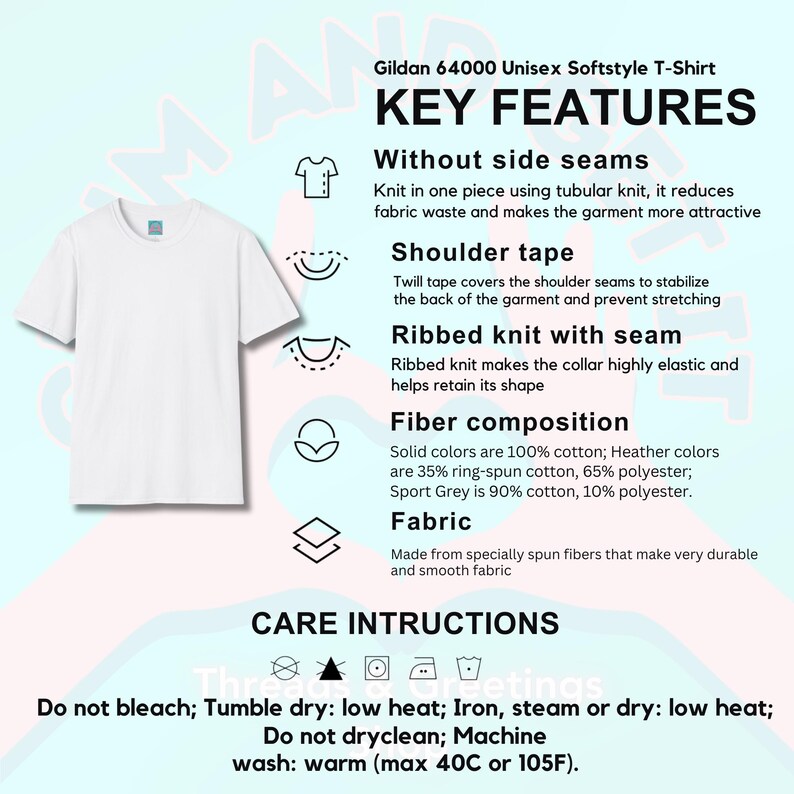 May include: A white Gildan 64000 Softstyle t-shirt displayed next to a list of key features including tubular knit, shoulder tape, ribbed collar, and fiber composition. Care instructions are listed at the bottom with icons and text.