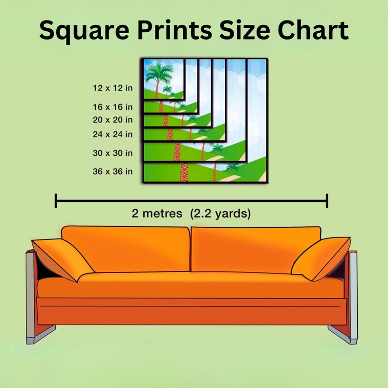 以下が含まれることがあります： 正方形のプリントのサイズチャートで、12x12インチから36x36インチまでのさまざまなサイズを示しています。チャートは、ヤシの木と青い空のある熱帯の風景の絵で示されています。チャートは、茶色のソファの上に表示されています。