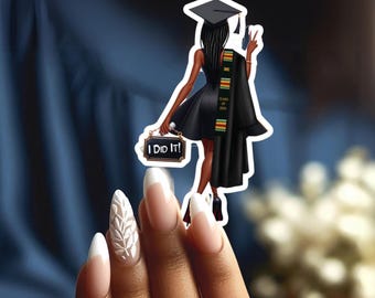 Graduation Sticker: Graduation Girl Braids Kente Fabric Stole Kiss-Cut Vinyl Decal | Perfect for Graduation Hat, Laptop, Tumbler & More