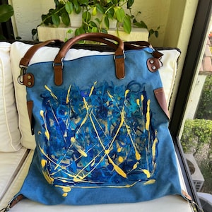 Hand Painted Jeans Fabric Handbag – Blue and Yellow Abstract Design