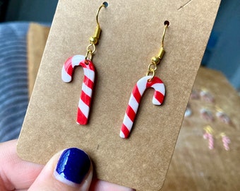 Candy Cane Dangle Polymer Clay Earrings Christmas Fashion Earrings Candycane Christmas Accessories Clay Xmas Drop Earrings Holiday Earrings