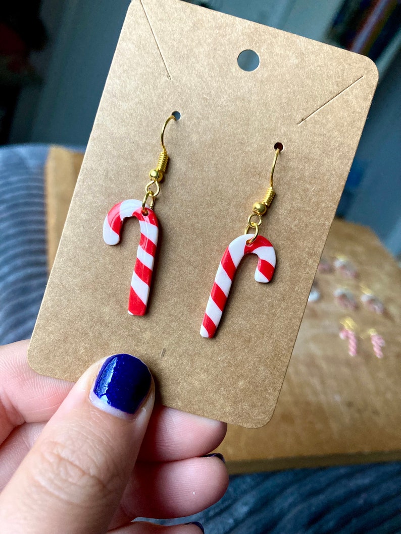 Candy Cane Dangle Polymer Clay Earrings Christmas Fashion Earrings Candycane Christmas Accessories Clay Xmas Drop Earrings Holiday Earrings image 1