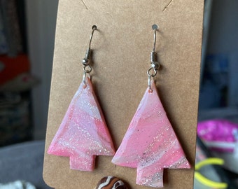 Pink Translucent Silver Leaf Christmas Tree Earrings Marble Crystal Style Polymer Clay Earrings Small Christmas Tree Stylish Fashion Earring