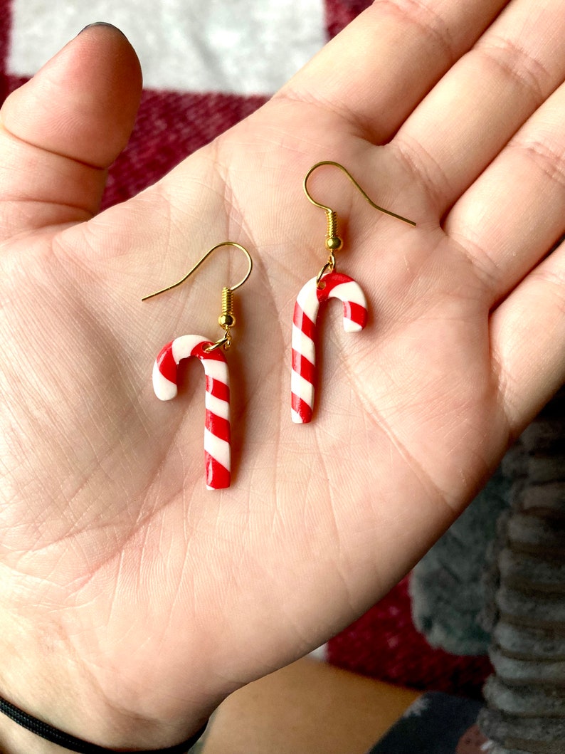 Candy Cane Dangle Polymer Clay Earrings Christmas Fashion Earrings Candycane Christmas Accessories Clay Xmas Drop Earrings Holiday Earrings image 3