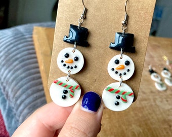 Snowman Dangle Polymer Clay Earrings Christmas Fashion Earrings Snowman Christmas Accessories Clay Xmas Drop Earrings Three Part Style