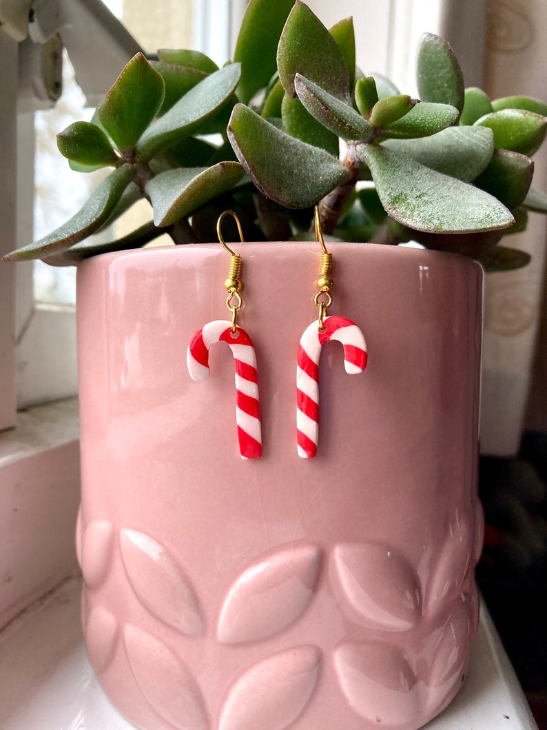 Candy Cane Dangle Polymer Clay Earrings Christmas Fashion Earrings Candycane Christmas Accessories Clay Xmas Drop Earrings Holiday Earrings image 2