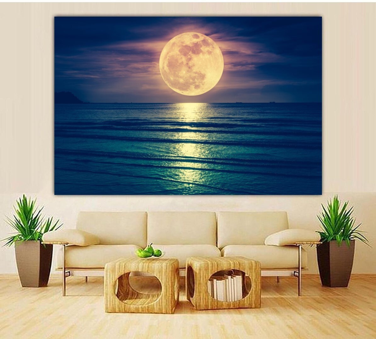 Huge Full Moon Over The Sea Full Moon Wall Art Full Moon Wall Etsy Israel