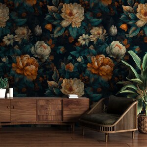 Dark Floral Wallpaper Peel and Stick - Canvas Flower Wallpaper - Decorative Dark Flower Wall Mural - PVC Free Self Adhesive Wallpaper