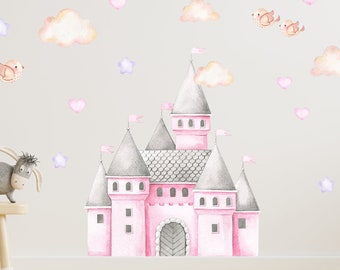 Pink Castle and Birds & Clouds Nursery Decal, Baby Girl Nursery Wall Decal, Watercolor Wall Decals