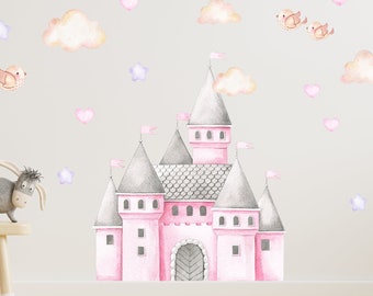 Sticker chambre de bébé château rose et oiseaux et nuages, sticker mural chambre de bébé fille, stickers muraux aquarelle